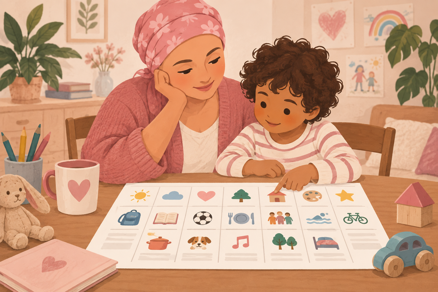 Illustration of a parent and their child preparing a family schedule with pictograms.